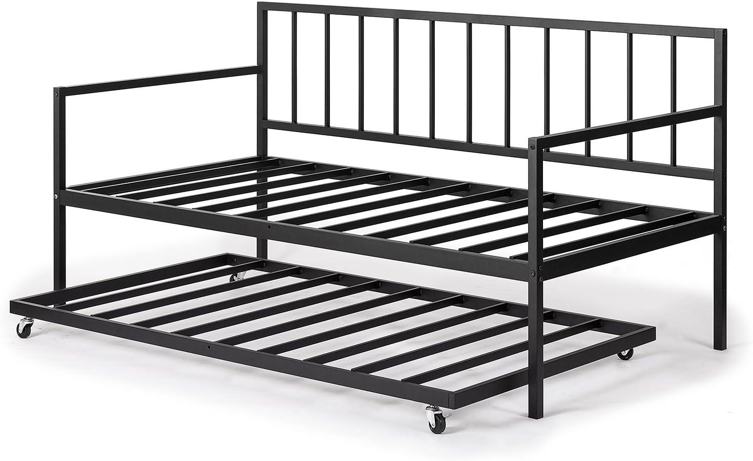 Black Metal Twin Daybed with Rollaway Trundle and Headboard