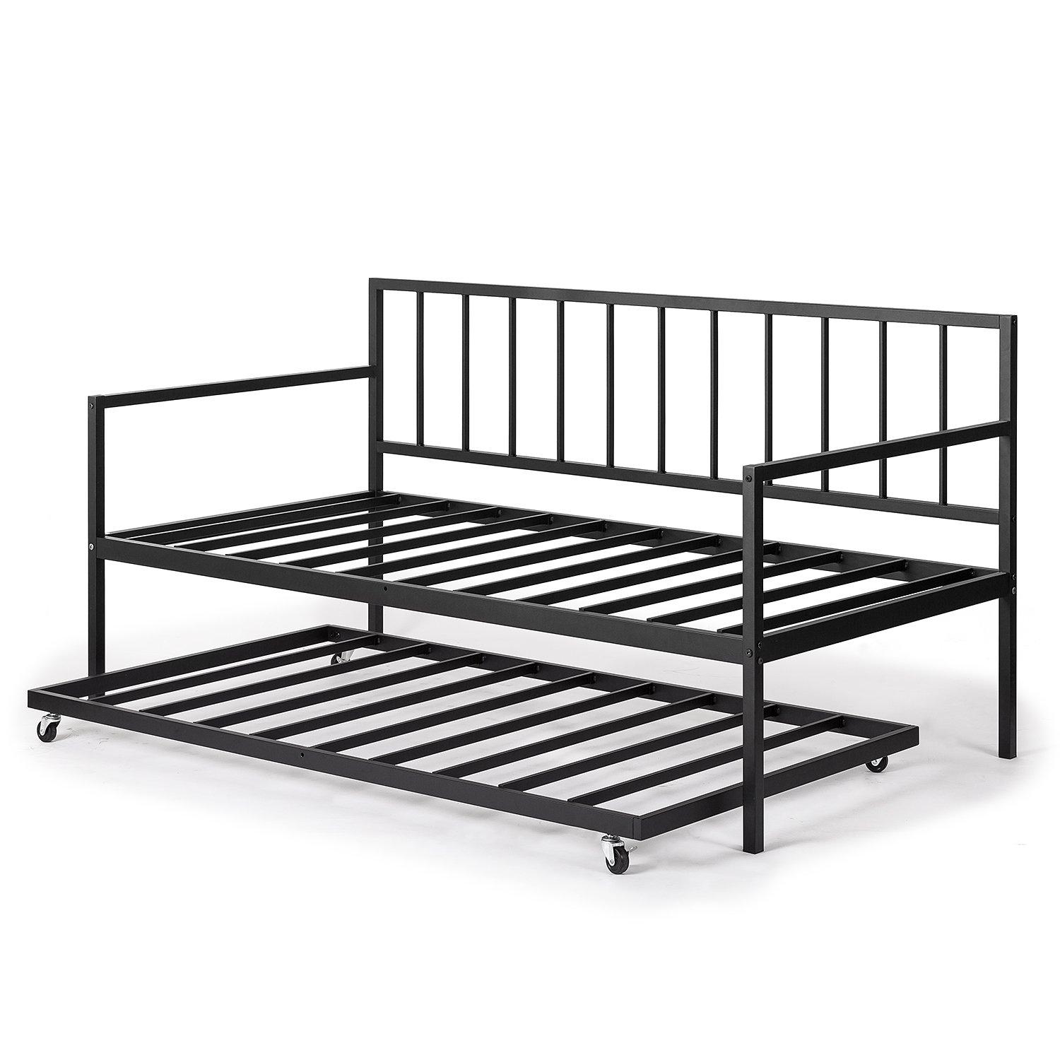 Black Metal Twin Daybed with Rollaway Trundle and Headboard