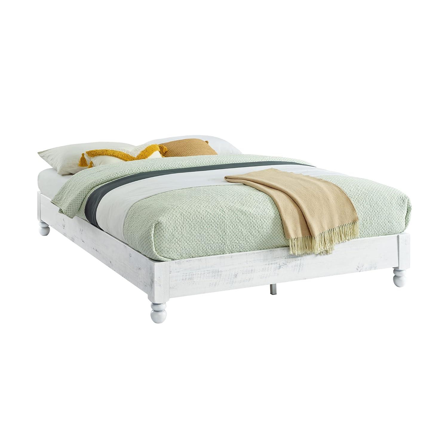 MUSEHOMEINC BF1002WQ 12 Inch Tall Easy Assembly Solid Pine Wood Rustic Platform Bed Frame with Wooden Slat Support, Whitewashed, Queen