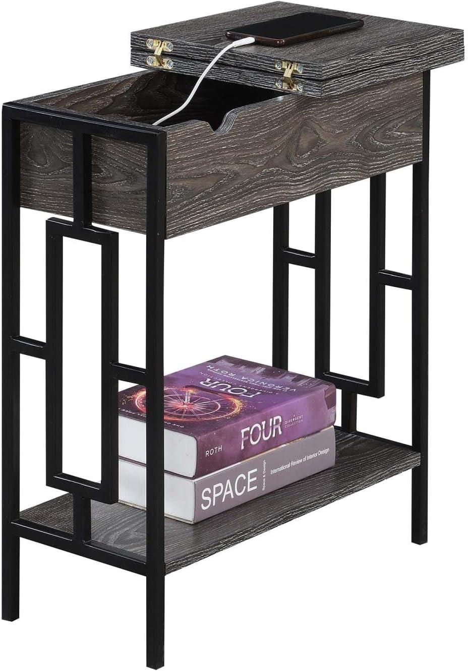 Weathered Gray and Black Wood-Metal End Table with Charging Station