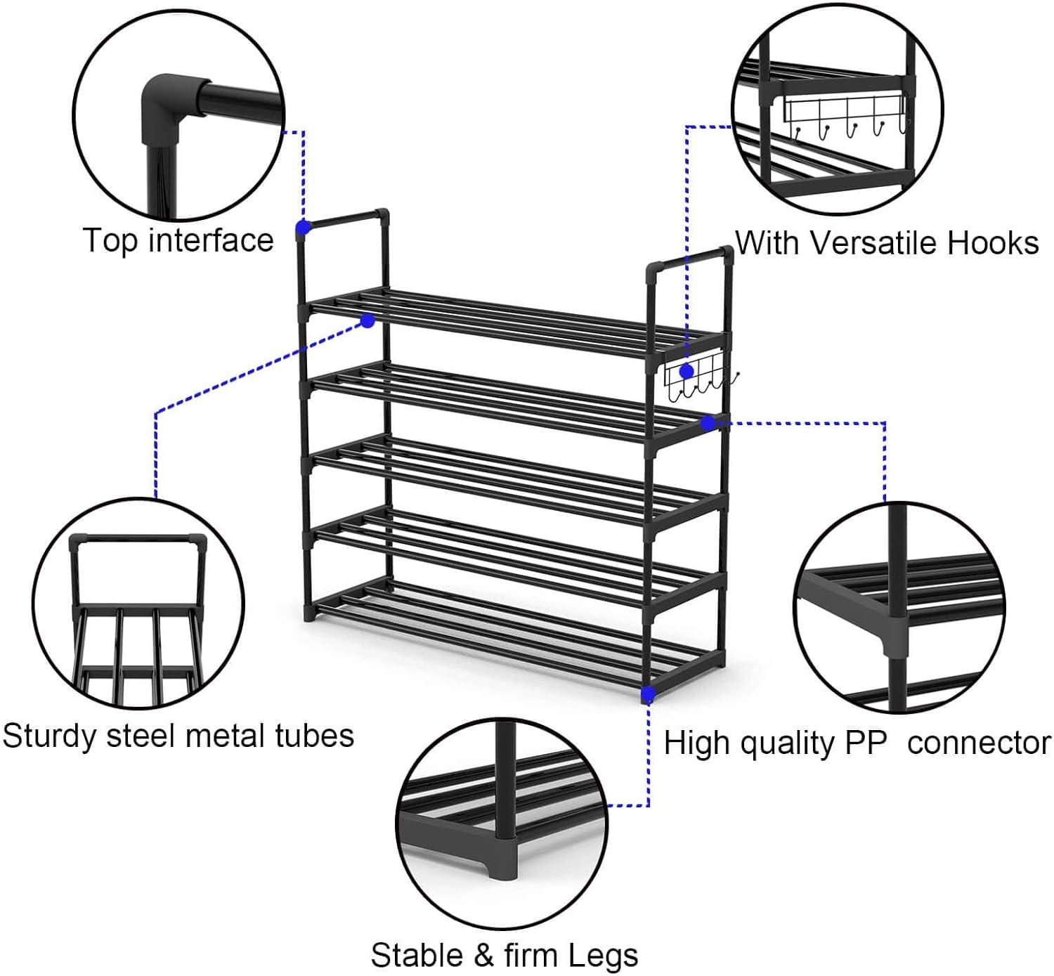 Black 5-Tier Adjustable Metal Shoe Rack with Hooks