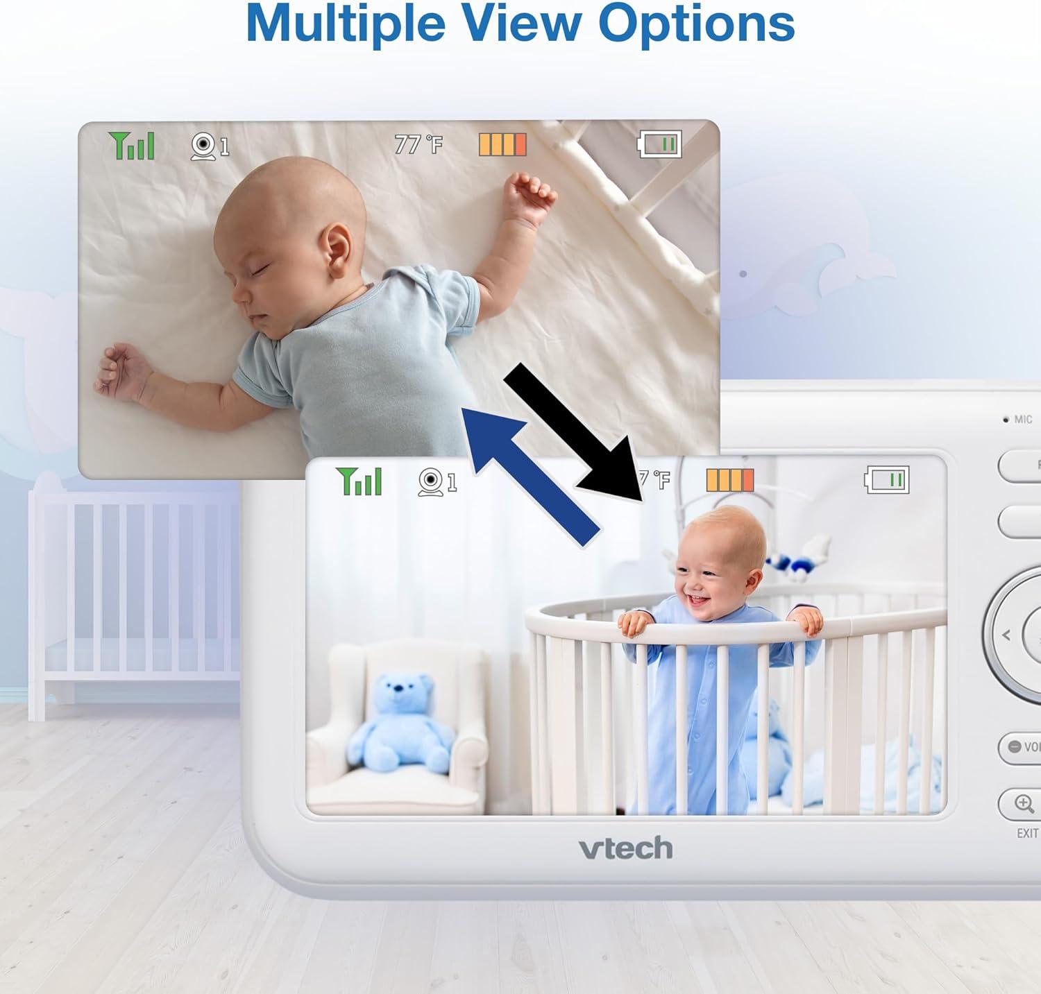 VTech [Upgraded] VM Video Baby Monitor 720p 5" LCD with 2 Cameras, Battery 12 Hrs, Pan Tilt Zoom, Color Night Light, Glow On The Ceiling Projection, Two-Way Talk