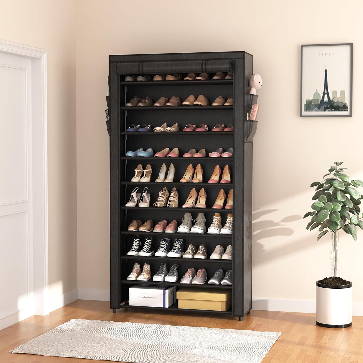 Tall Black Fabric and Metal 10-Tier Stackable Shoe Rack