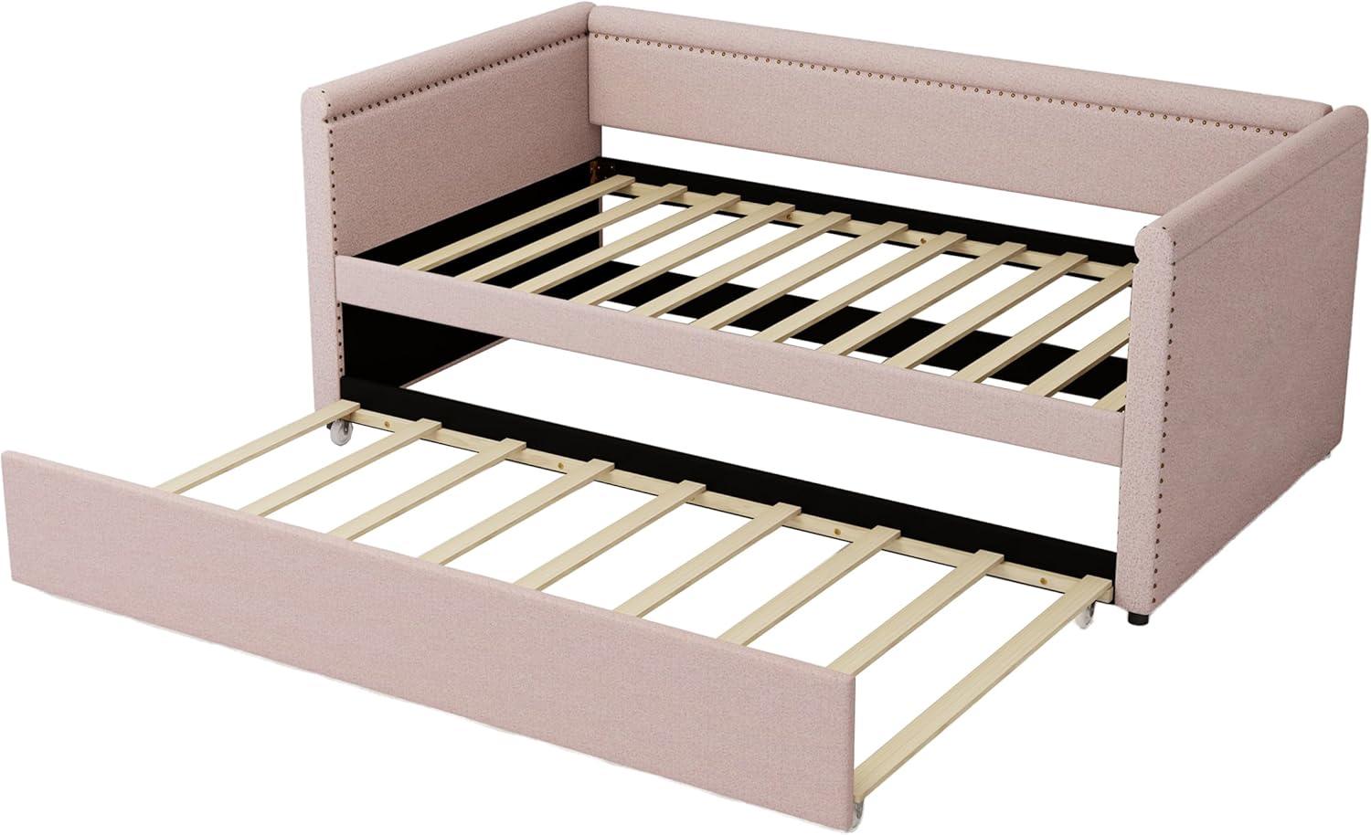 Pink Modern Style Twin Size Linen Upholstered Daybed with Trundle, Curved Arms, Nailhead Trims