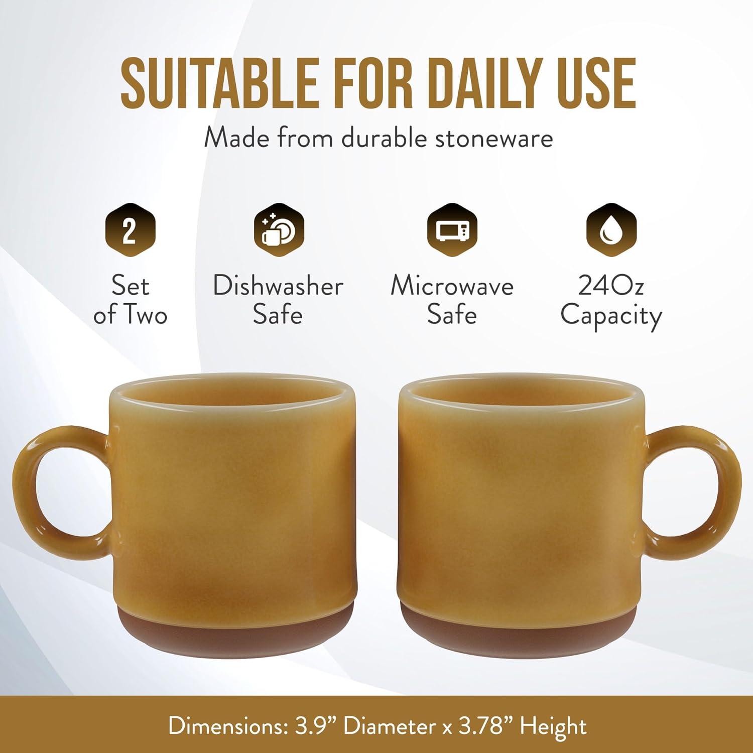 American Atelier Stoneware Mugs w/ Terra Cotta Bottom, Set of 2, 4-Inch Cup for Coffee, Tea, and Hot Chocolate, Dishwasher and Microwave Safe, Honey