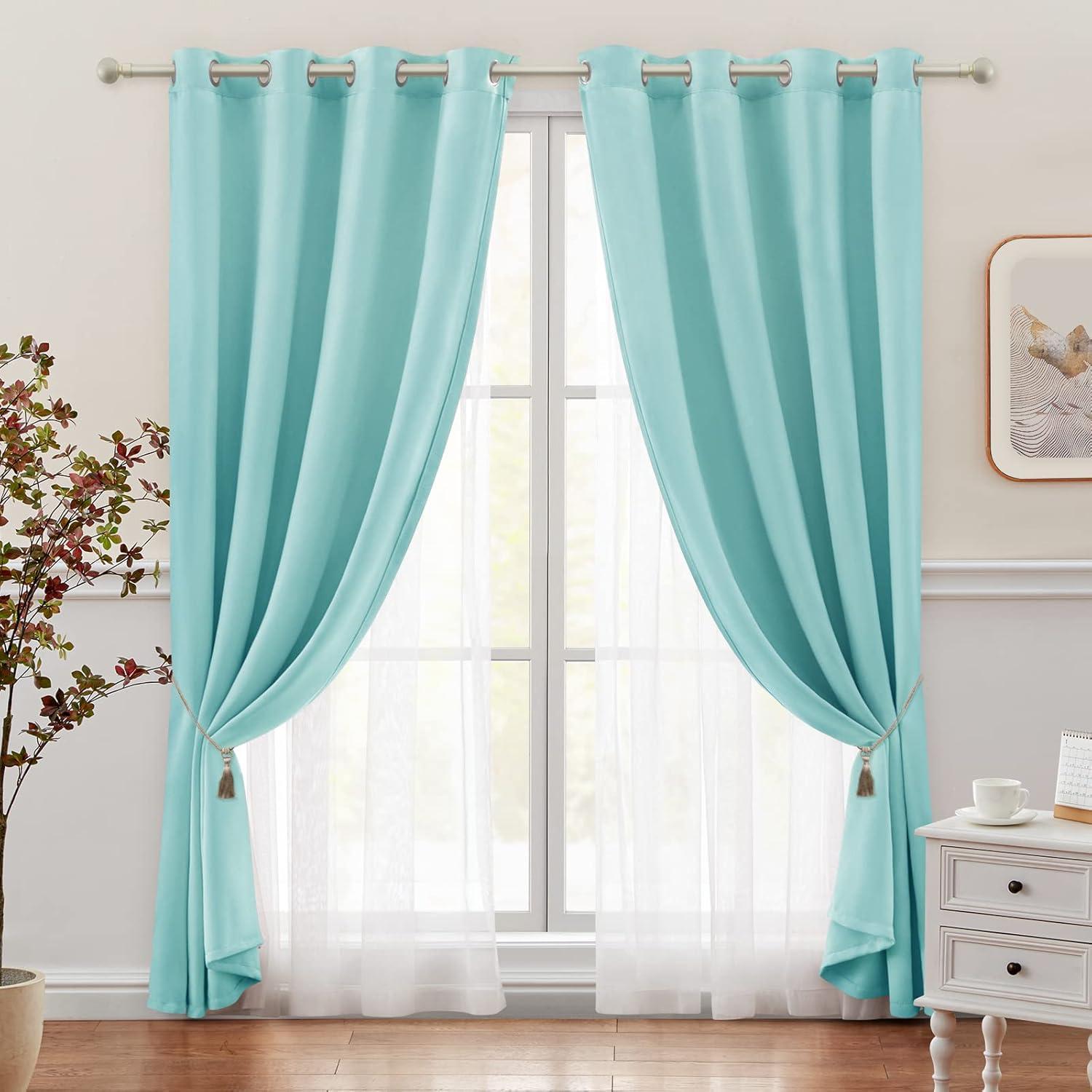Set of 2 (84"x52") Caterina Layered Solid Blackout with Sheer Top Curtain Panels Aqua - Exclusive Home: Room Darkening, Thermal Insulated