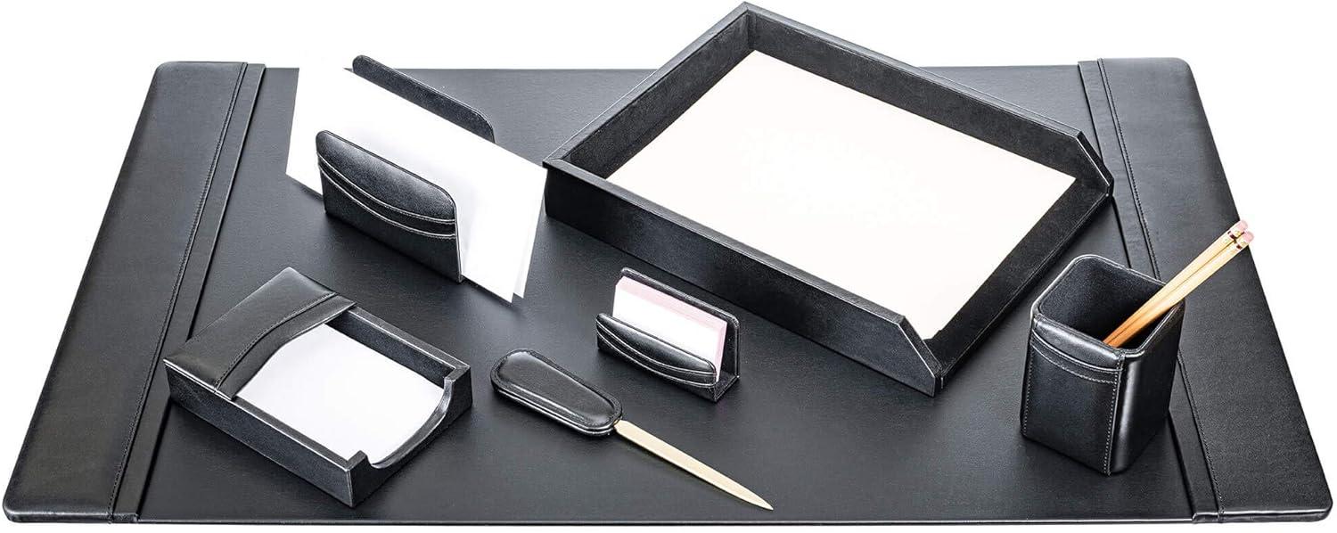 Black Leather 7-Piece Desk Organizer Set with Felt Backing