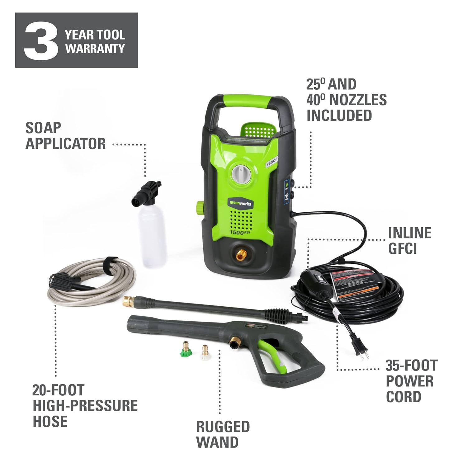 Greenworks Lavadora a Presión Eléctrica de 13 Amperios y 1500 Psi y 1,2 Gpm, 5120902