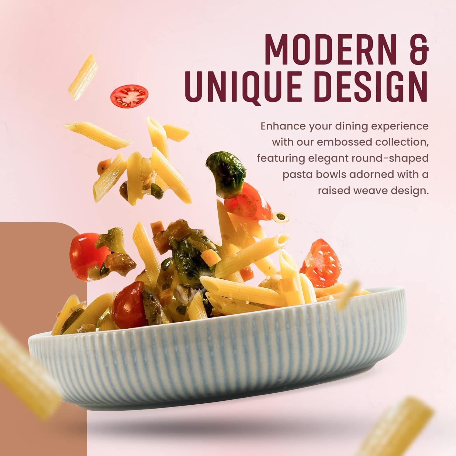 American Atelier Large Pasta Bowls, 42 oz Wide Shallow Stoneware Salad Bowl Set, Plates for Serving Dinner, Kitchen, and Eating, Set of 4,Light Blue