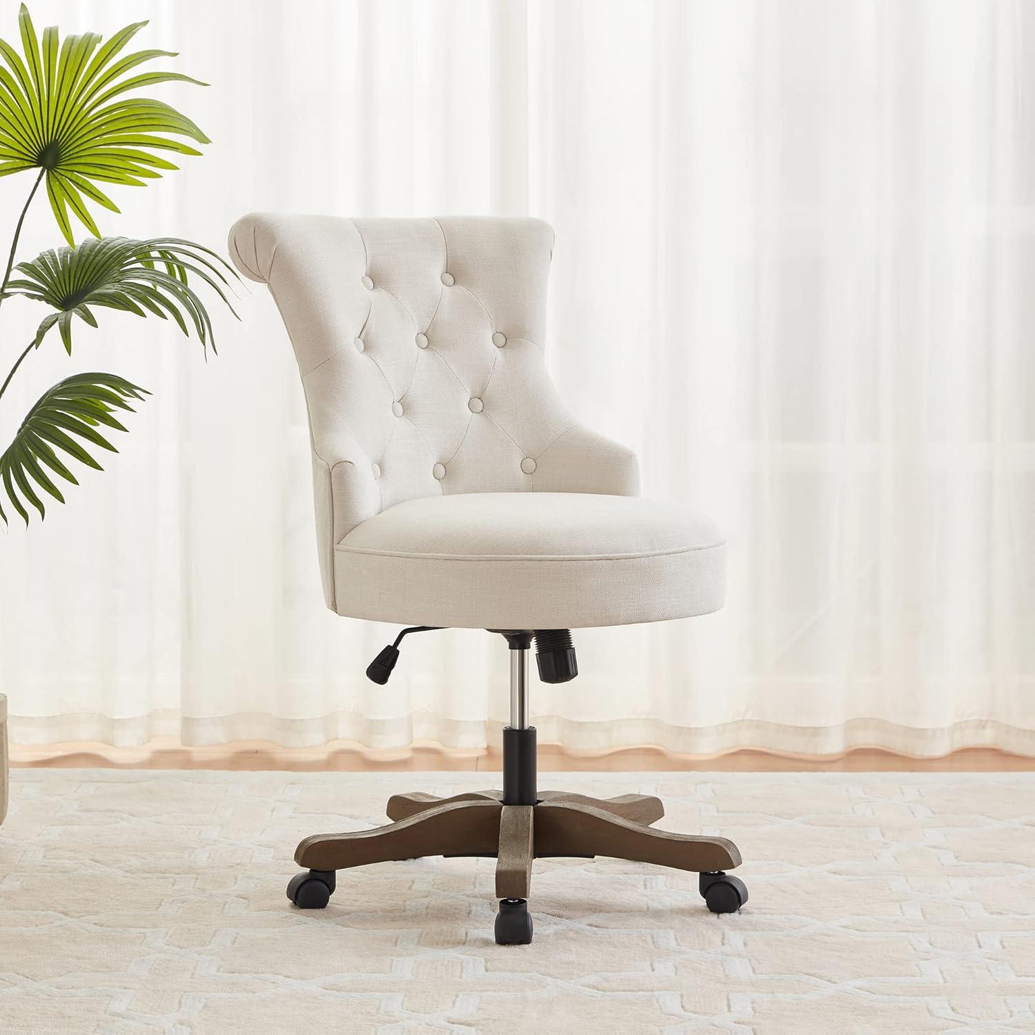 Beige Linen Upholstered Swivel Office Chair with Wooden Legs