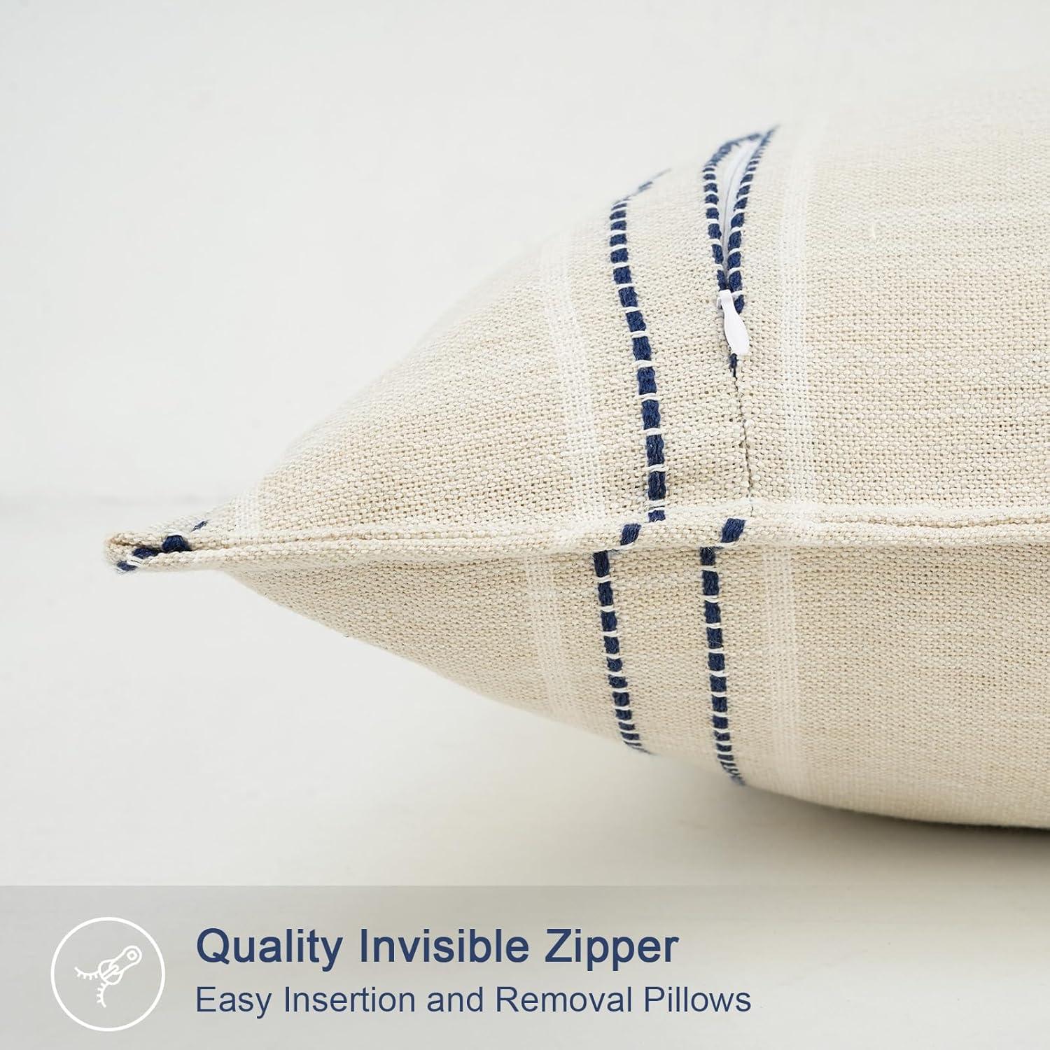 Beige and Navy Blue Farmhouse Stripe 18" Pillow Covers Set