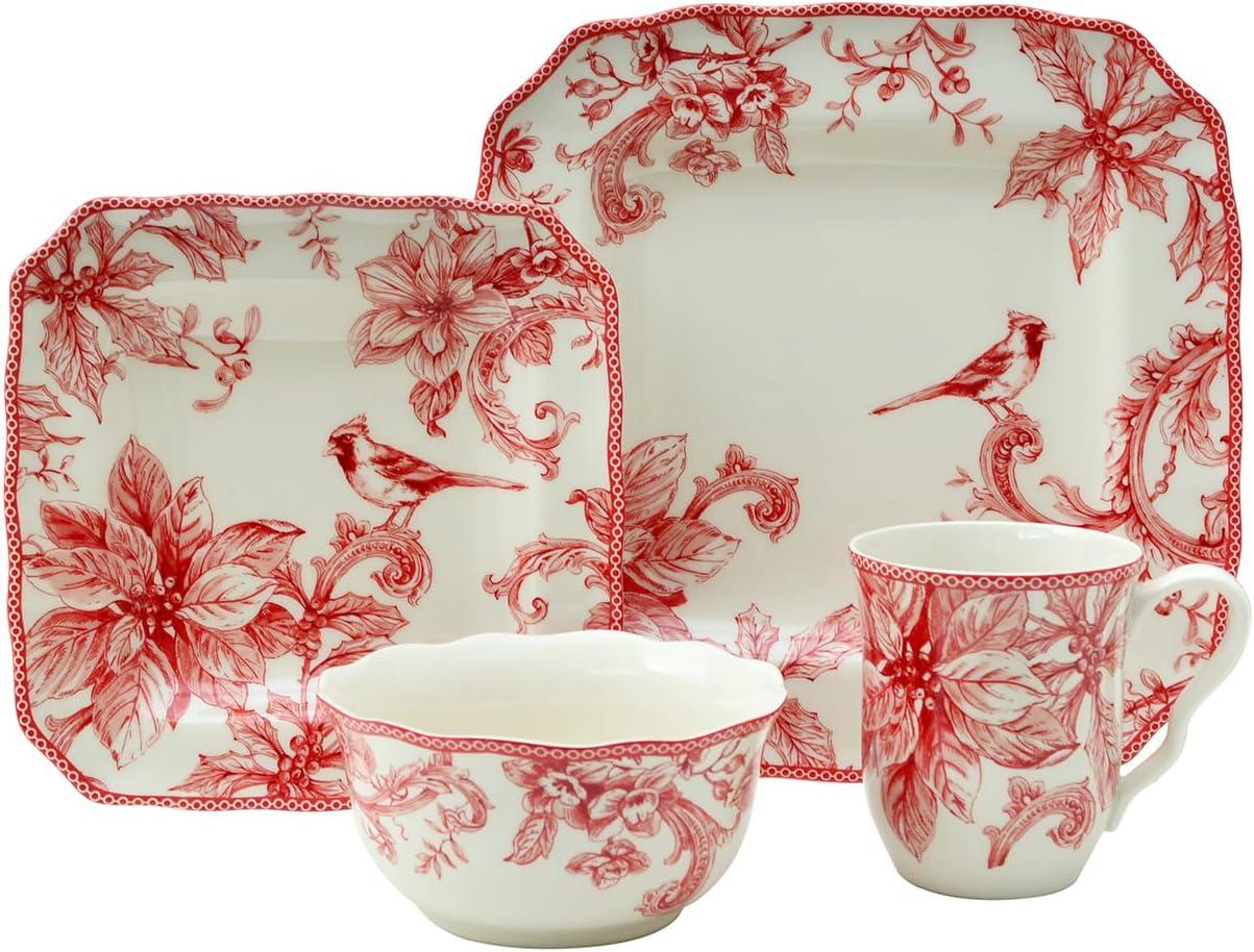 222 Fifth 222 Fifth Christmas Lane Red 16-Piece Porcelain Dinnerware Set - Service For 4, Plates, Bowls & Mugs