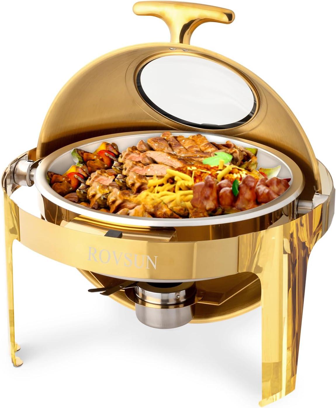 6 QT Gold Roll Top Round Chafing Dish Buffet Set with Glass Window