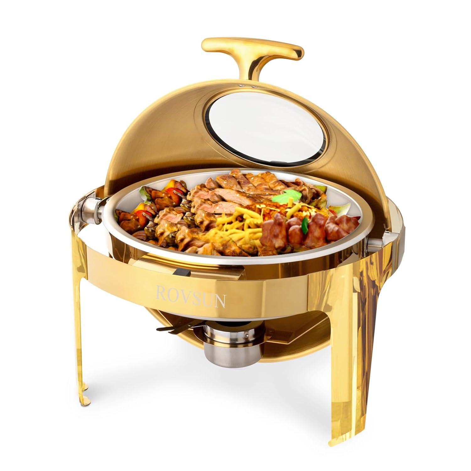 6 QT Gold Roll Top Round Chafing Dish Buffet Set with Glass Window
