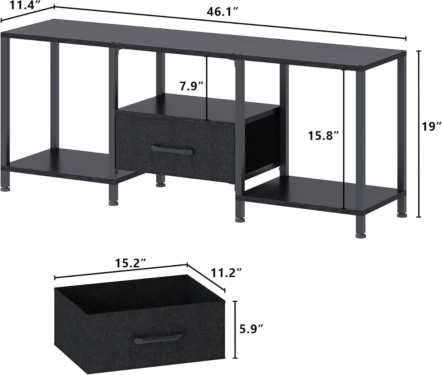 TV Stand with LED Lights, Entertainment Center with Open Shelves and Fabric Drawer, Media Console for 55 Inch TV, Television Stands for Living Room, Bedroom, Black