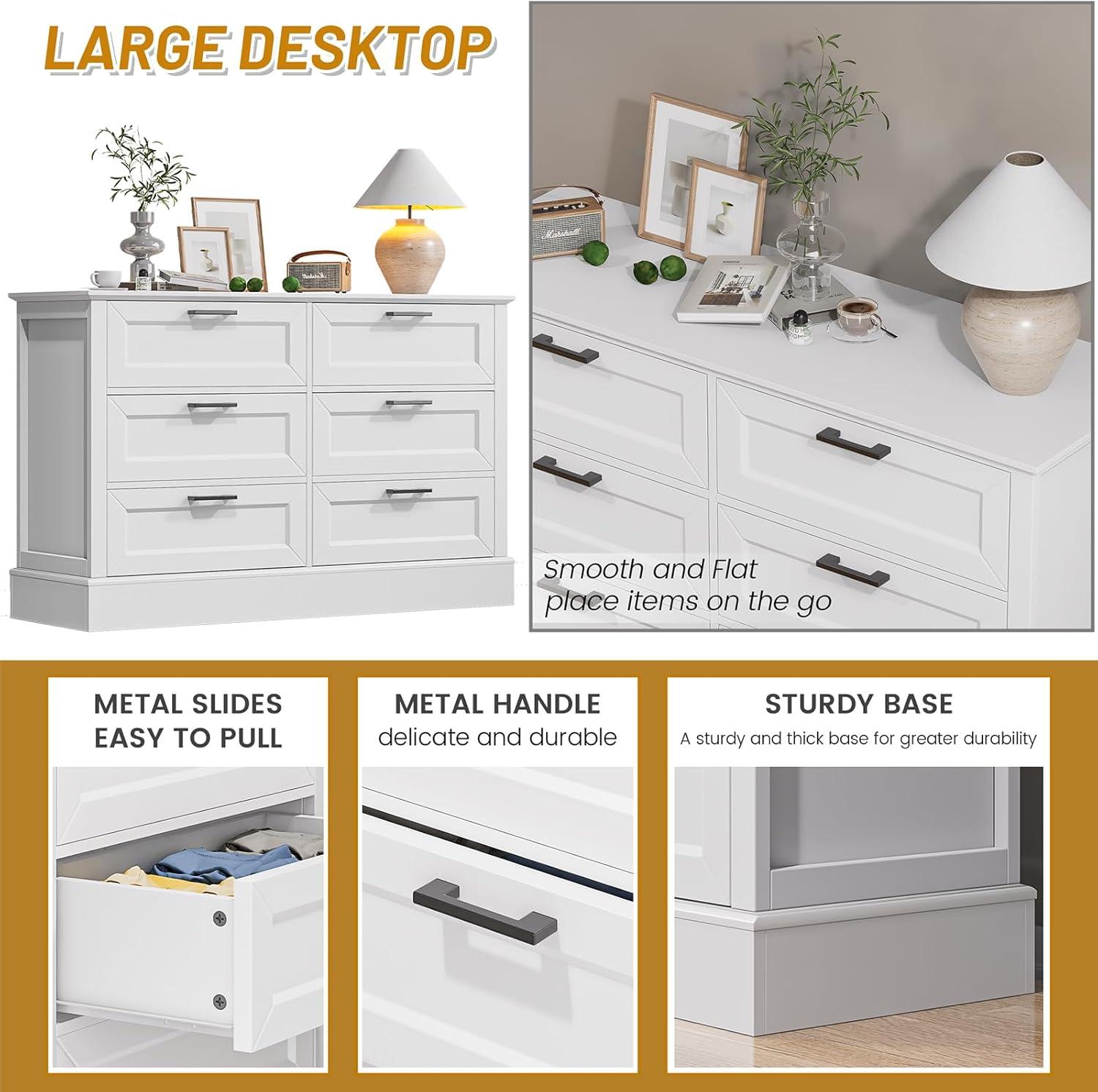 White 6 Drawer Dresser for Bedroom, Modern Chest of Drawers with Deep Drawers, Wood Double Dresser for Storage Clothes