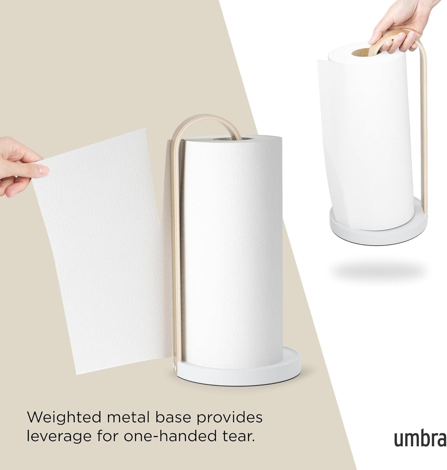 Umbra Bellwood Paper Towel Holder for Kitchen Countertop, with Real Wood Stand and Weighted Metal Base, White/Natural