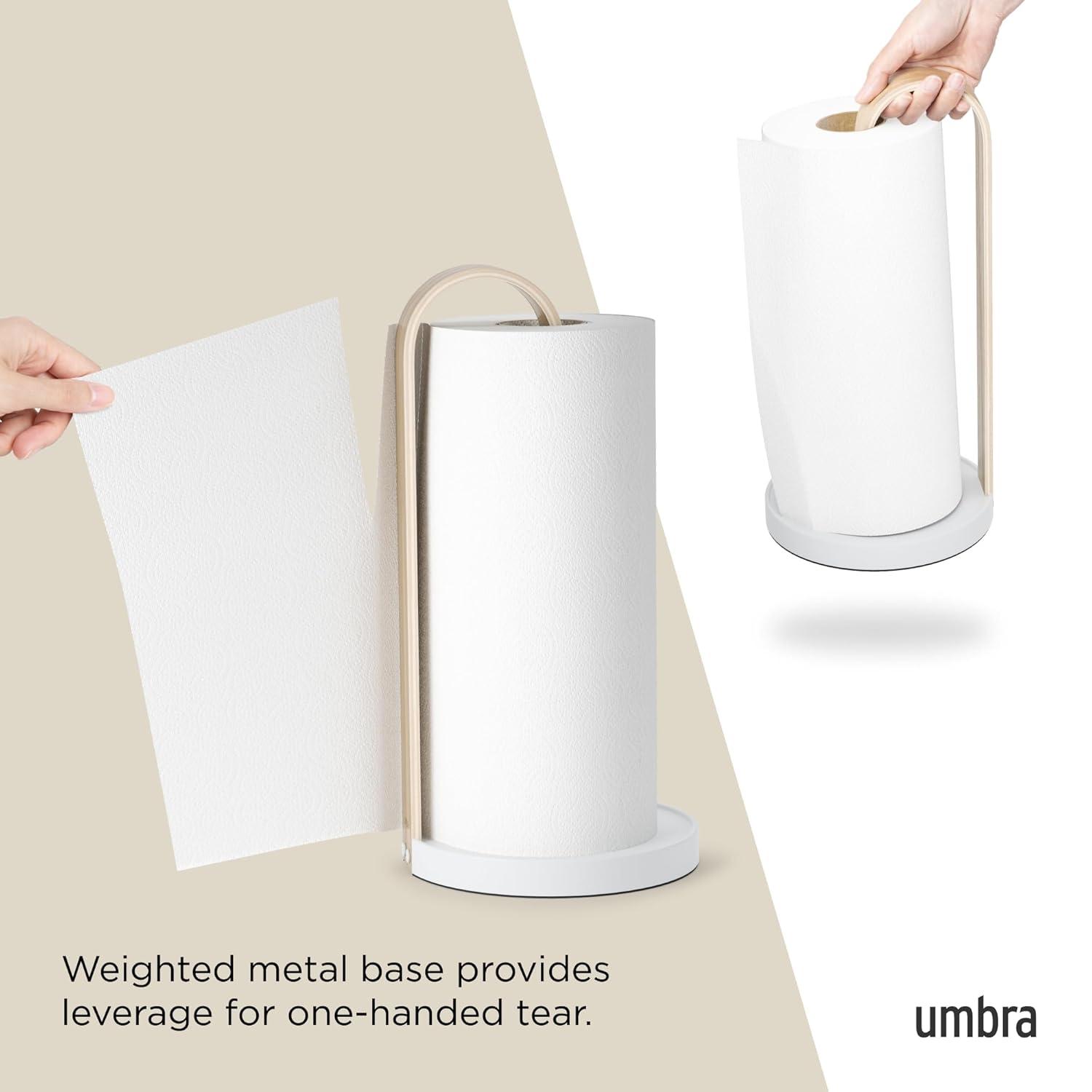 Umbra Bellwood Paper Towel Holder for Kitchen Countertop, with Real Wood Stand and Weighted Metal Base, White/Natural