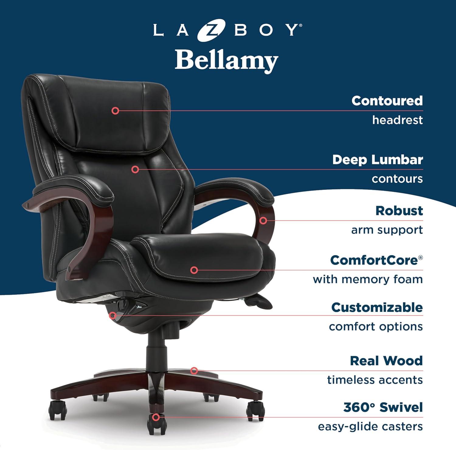 La-Z-Boy La-Z-Boy Bellamy Executive Office Chair with Memory Foam Cushions, Real Wood Arms and Swivel Base, Waterfall Seat Edge, Faux Bonded Leather