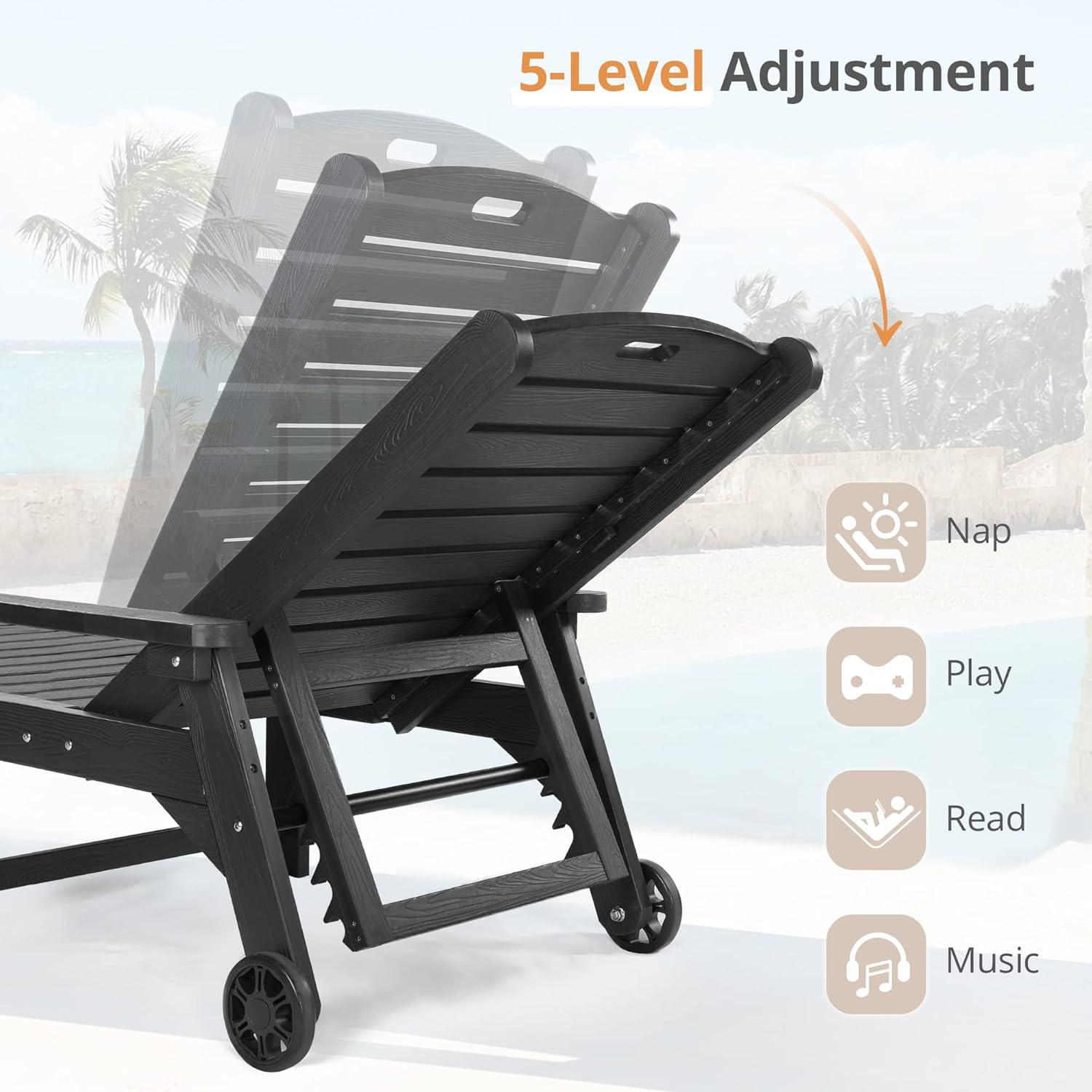 LUE BONA Outdoor Chaise Lounge Chairs Set of 4, 79'' Oversized HDPS Chaise Lounger, 5 Positions Adjustable Lounge Chairs, Pool Lounge Chair with Wheels for Poolside, 3 Year Warranty, Black
