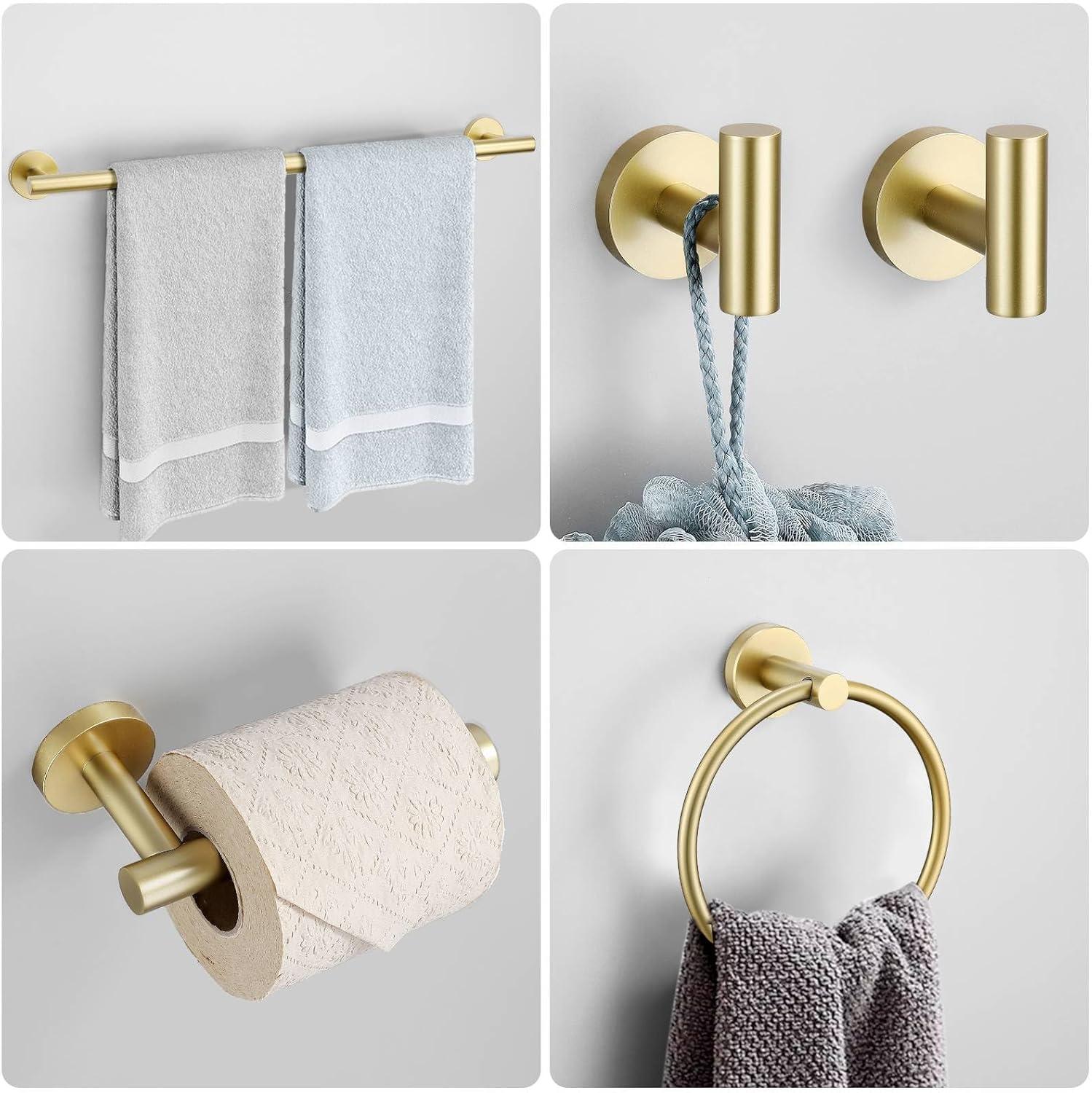 Bathroom Towel Holder Set, 6 Pieces Brushed Gold Towel Bar Bathroom Hardware Accessories Set, SUS304 Stainless Steel Towel Rack Towel Ring Toilet Paper Holder Set Wall Mounted