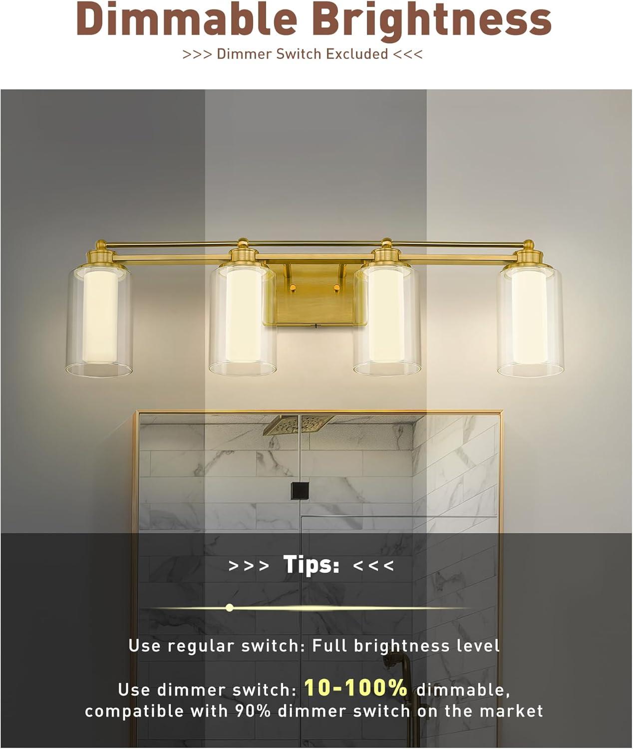 4 Light Bathroom Vanity Light, HWH Brushed Gold Vanity Lights for Bathroom Brass Bathroom Light Fixtures Clear Glass, Dimmable LED Vanity Lights for Mirror 24W 5CCT, 5HLT63B-4W-LED BG