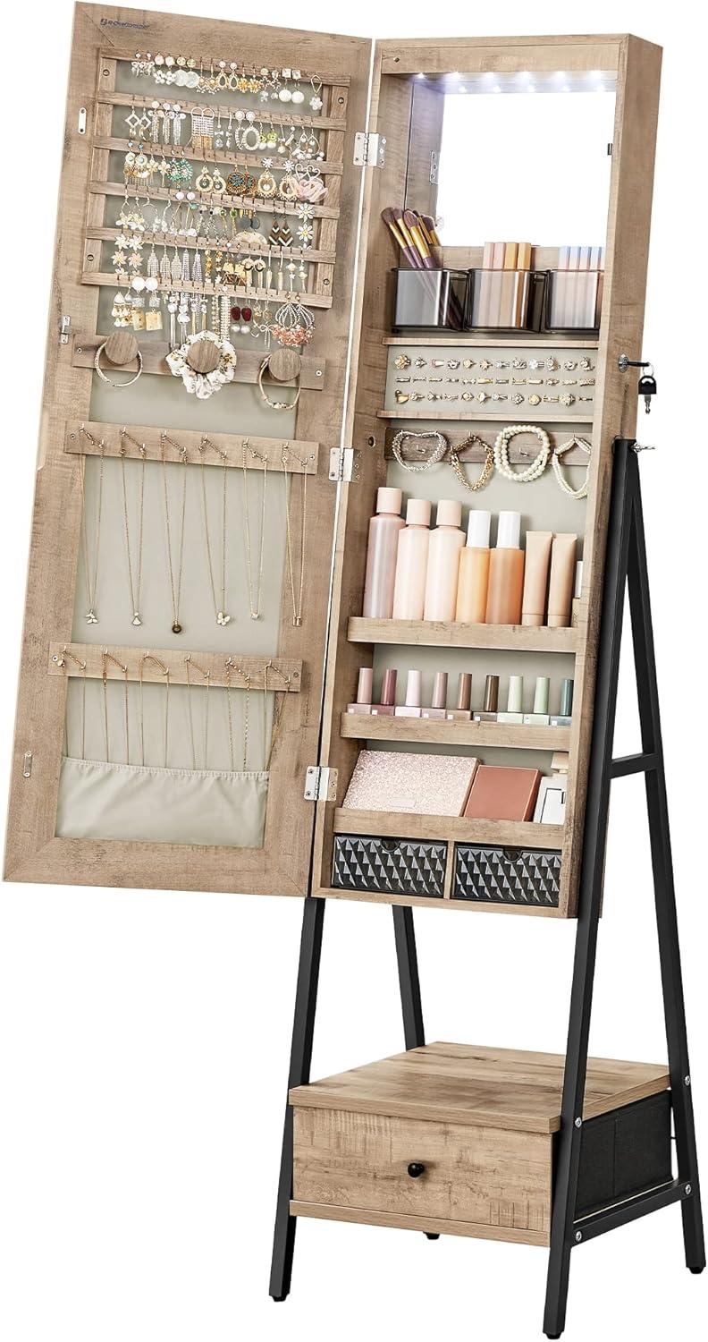 SONGMICS LED Mirror Jewelry Cabinet Standing, Lockable Jewelry Armoire with Full-Length Mirror, Space-Saving Jewelry Organizer with Mirror, Drawer and Shelf, Toasted Oak Color UJJC025N01