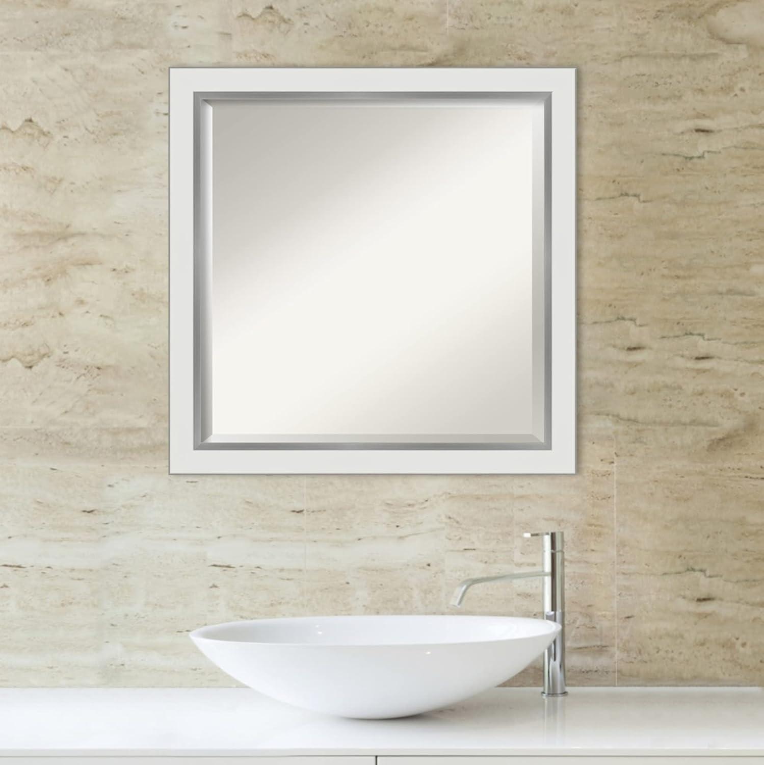 Amanti Art Eva 23-Inches x 23-Inches Framed Square Bathroom Vanity Mirror ( Satin Silver,White )