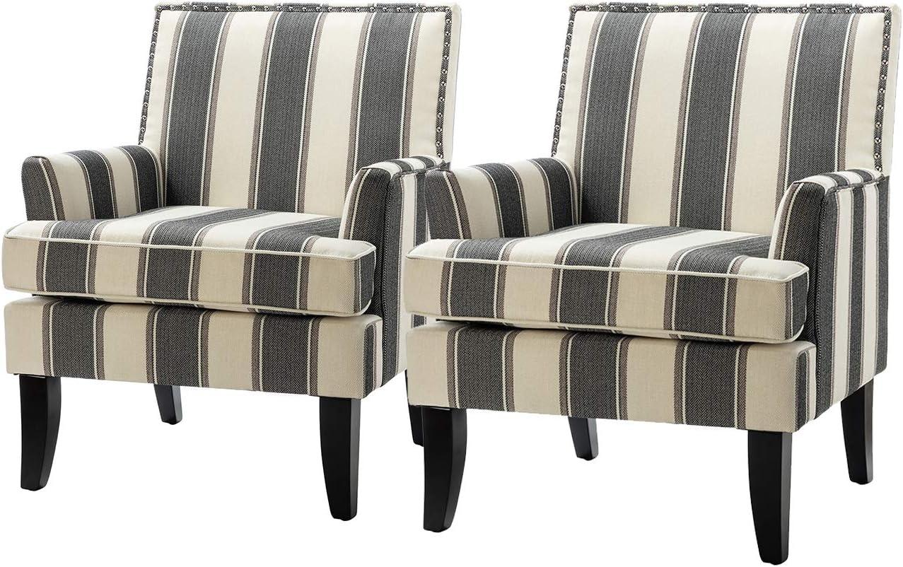 Black and White Striped Barrel Accent Chair Set with Nailhead Trim