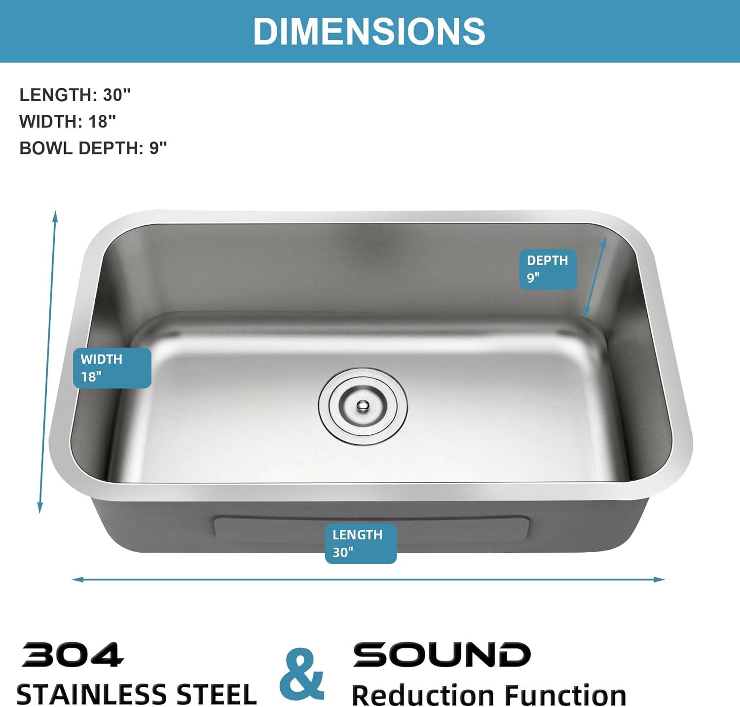 Sinber 30" Undermount Single Bowl 304 Stainless Steel Kitchen Sink