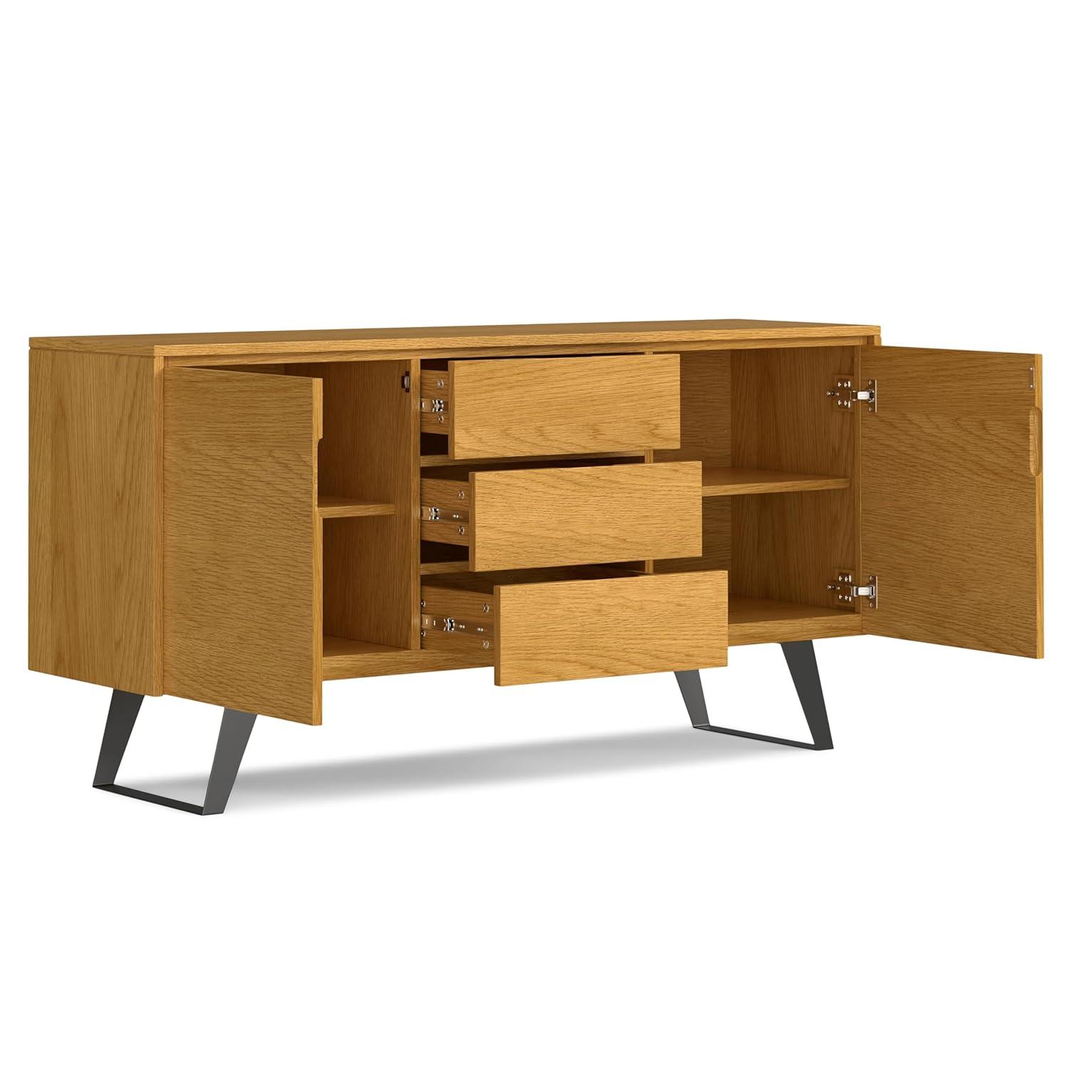Simpli Home Lowry 60"W Solid Wood Modern Industrial 2-Door Sideboard Buffet with 3 Center Drawers