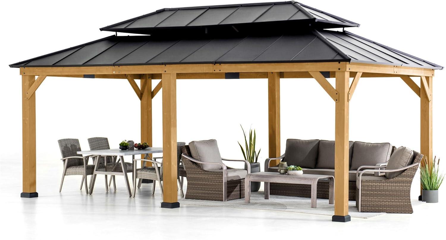 SUNJOY 12 x 20 ft. Wood Gazebo, Outdoor Patio Aluminum Hardtop Gazebo, Cedar Framed Wooden Gazebo with 2-Tier Roof, Suitable for Patios, Lawn and Backyard, Dark Brown Roof and Natural Wood Frame