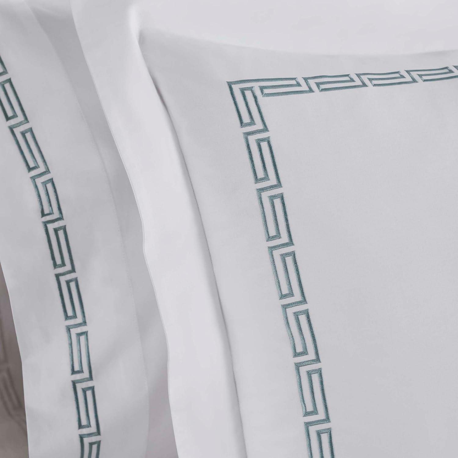 White-Silver Greek Key Embroidered Cotton Duvet Cover Set