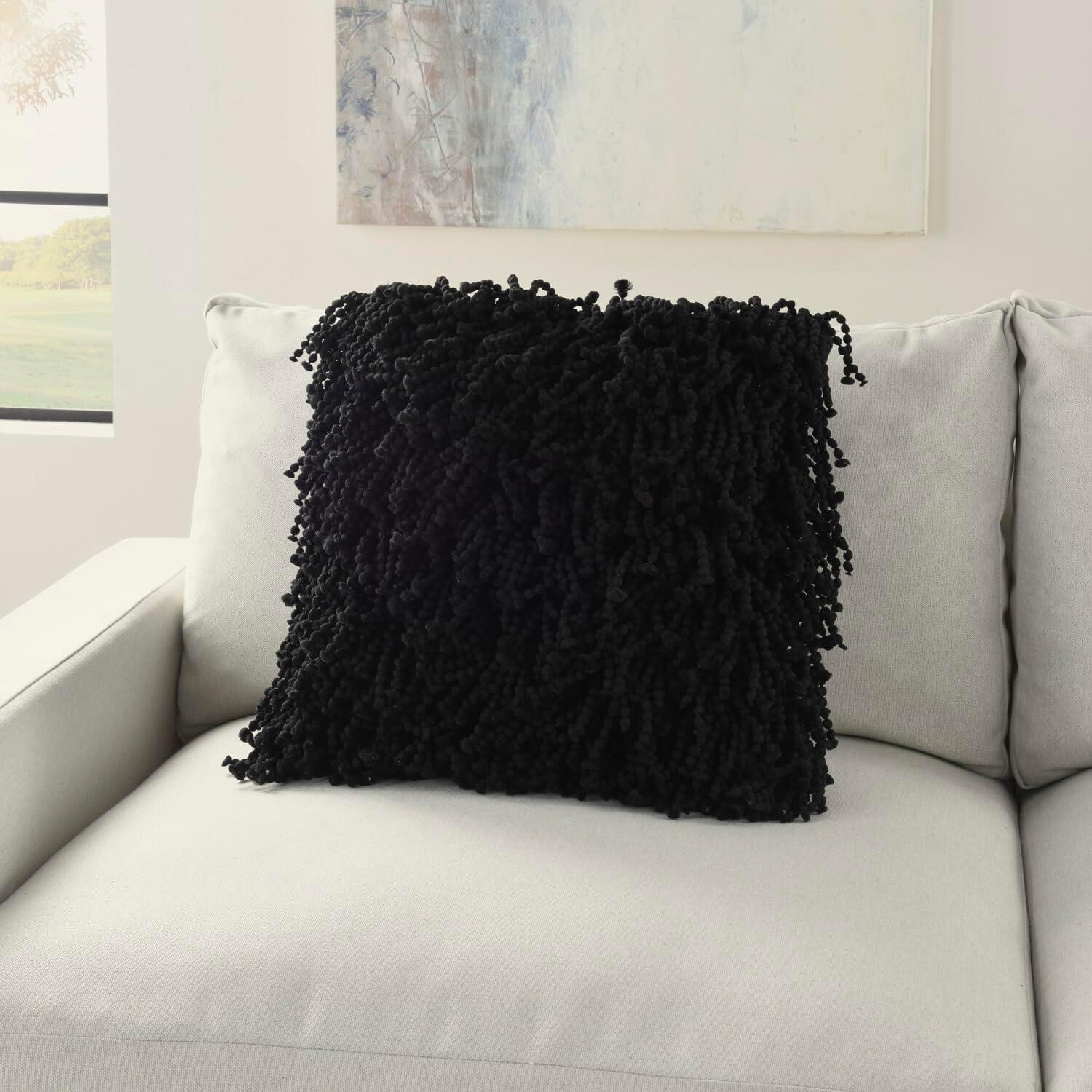 Black Hand-Knotted Shag 20" Square Throw Pillow