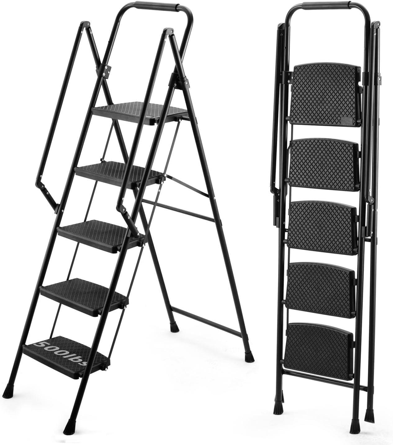 Black 5-Step Folding Steel Ladder with Anti-Slip Pedals and Handrails