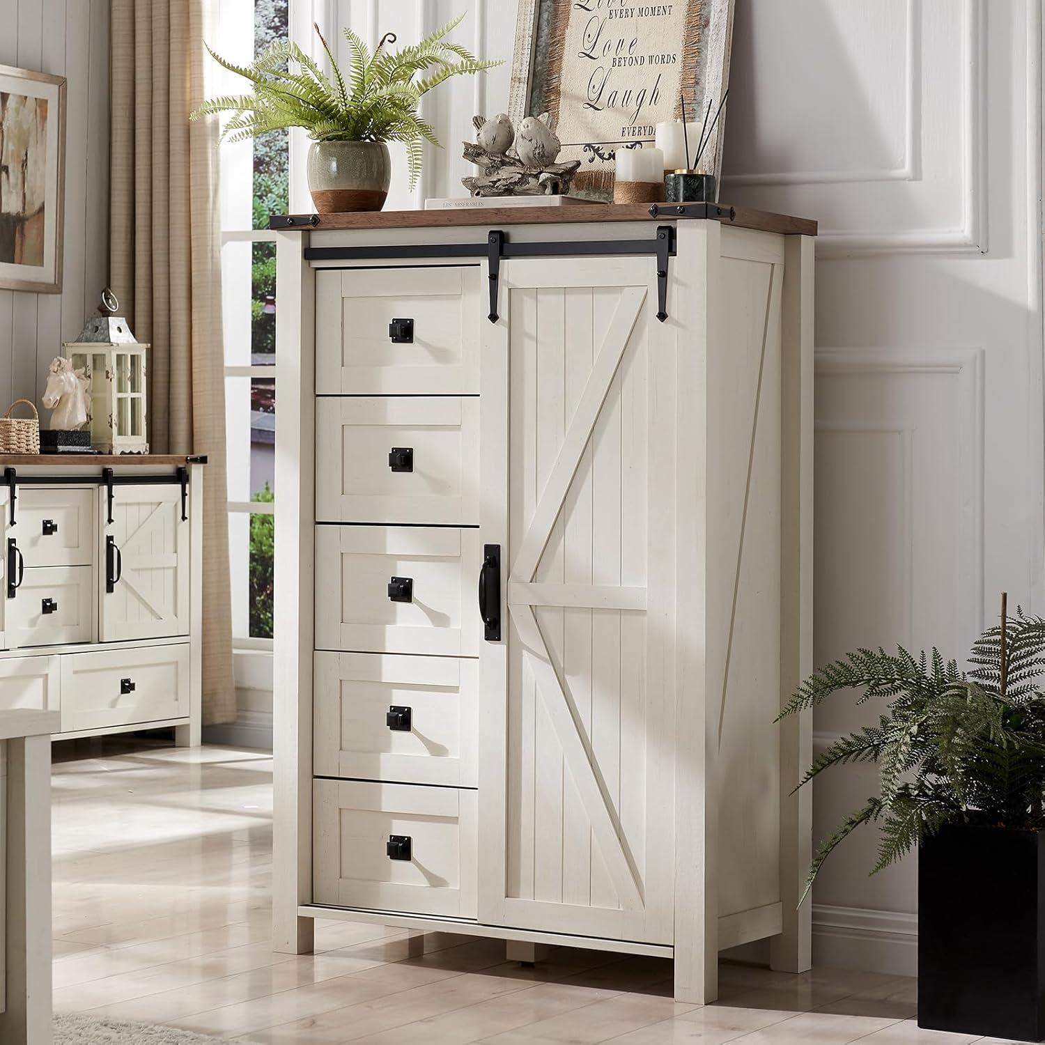 Farmhouse 5 Chest of Drawers, Tall Drawers Dresser with Sliding Barn Door