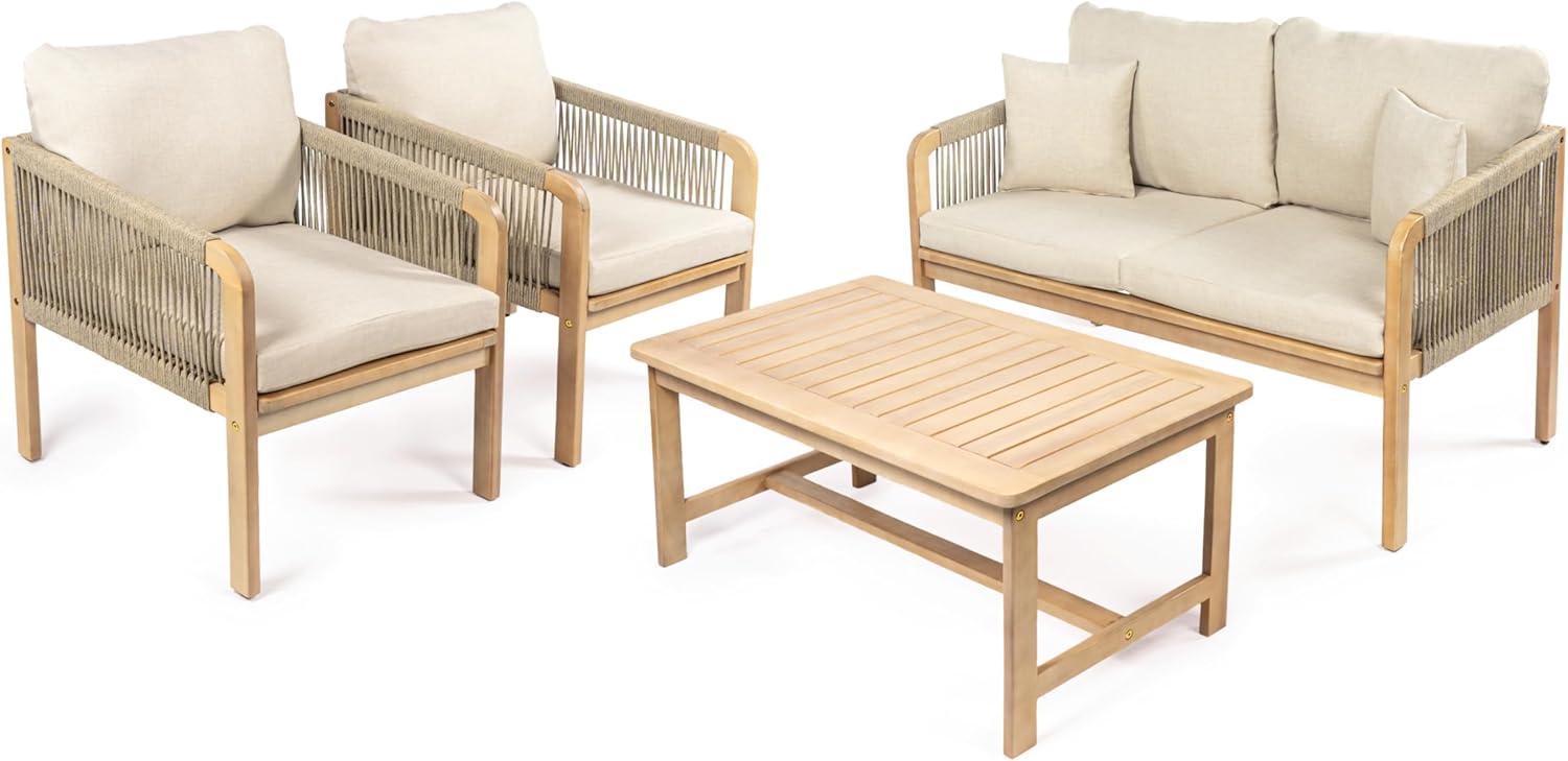 Tavira 4-Piece Modern Bohemian Acacia Wood Outdoor Patio Set with Cushions and Plain Decorative Pillows - JONATHAN Y