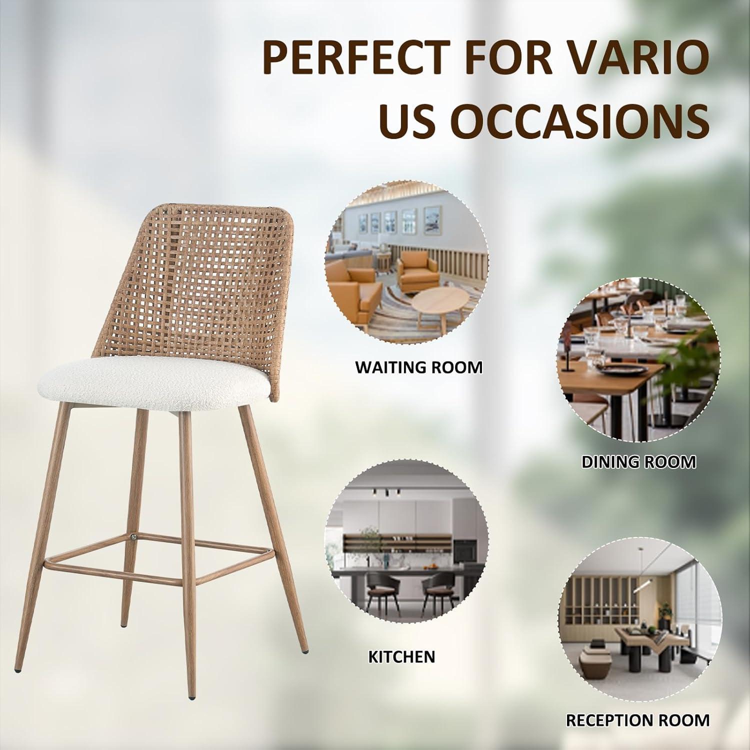 Bay Isle Home™ Rattan Counter Height Bar Stools Set Of 2, Fabric Upholstered Barstools With Pe Rattan Cane Back, Bar Chairs Counter Stools For Kitchen Island,beige White (Set of 2)