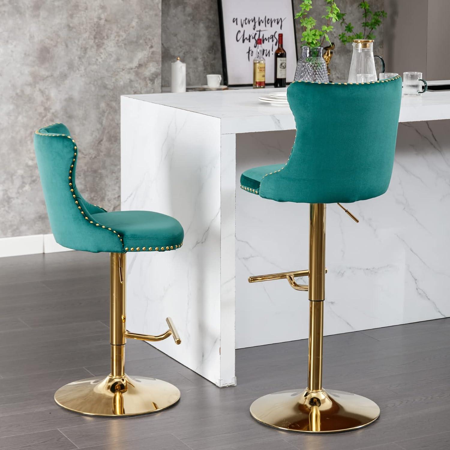 Swivel Counter Height Bar Stools Set of 2, Green Kitchen Island Barstools, Velvet Adjustable Bar Height Stool Chairs, Tufted Back, Gold Metal Base, Sillas para Barra de Cocina (Green, Velvet, 2 Pcs)