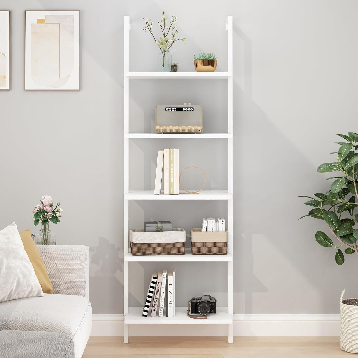 Zimtown 5-Shelf Wood Bookcase, Wall Mounted Learning Ladder Display Rack for Living Room, Bedroom, Office, White Finish