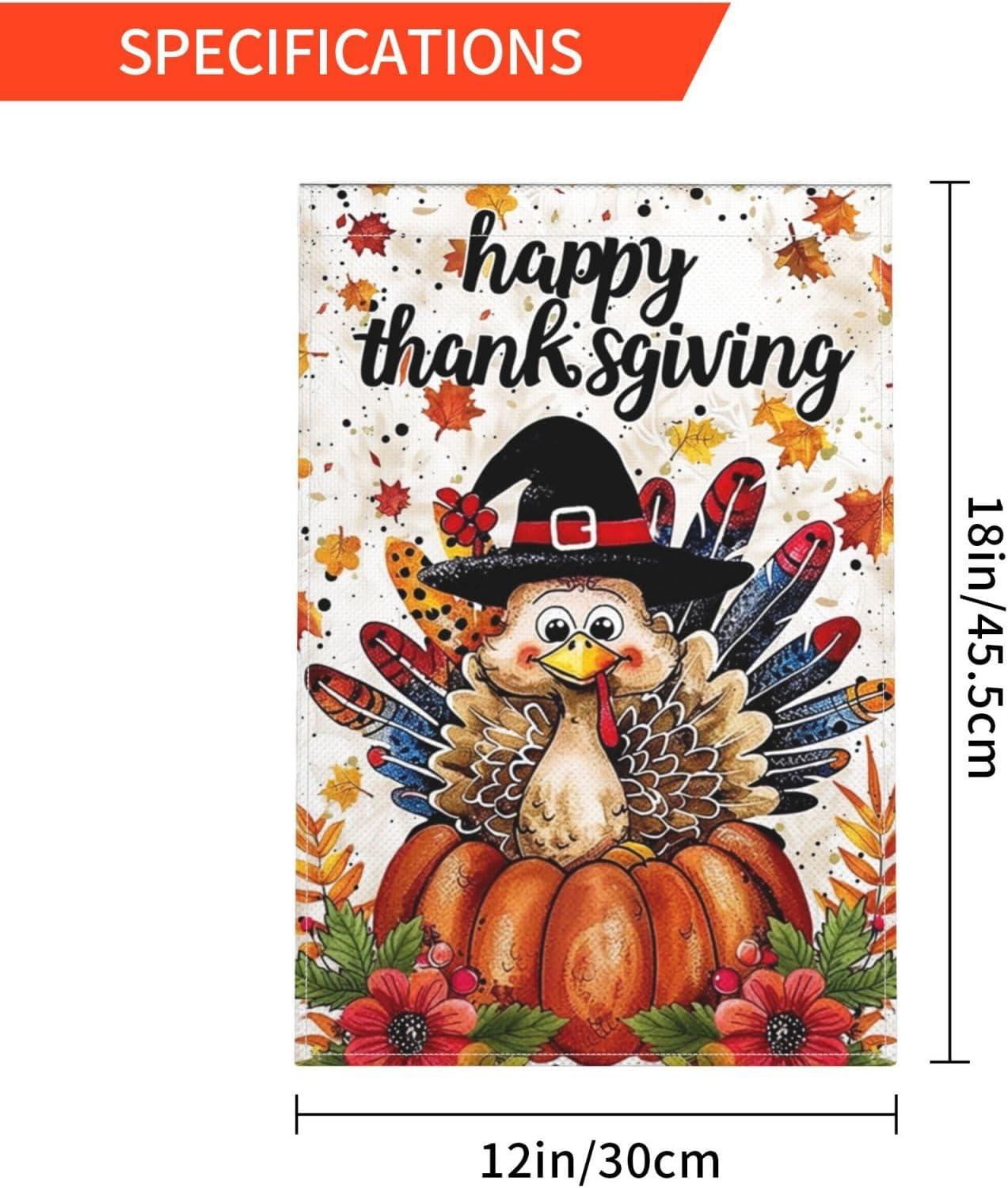 Thanksgiving Turkey Garden Flag 12 x 18 inch Double Sided Outside decorations, Fall Small Garden Flags,Thanksgiving Harvest Garden Flag For Outdoor Yard Lawn