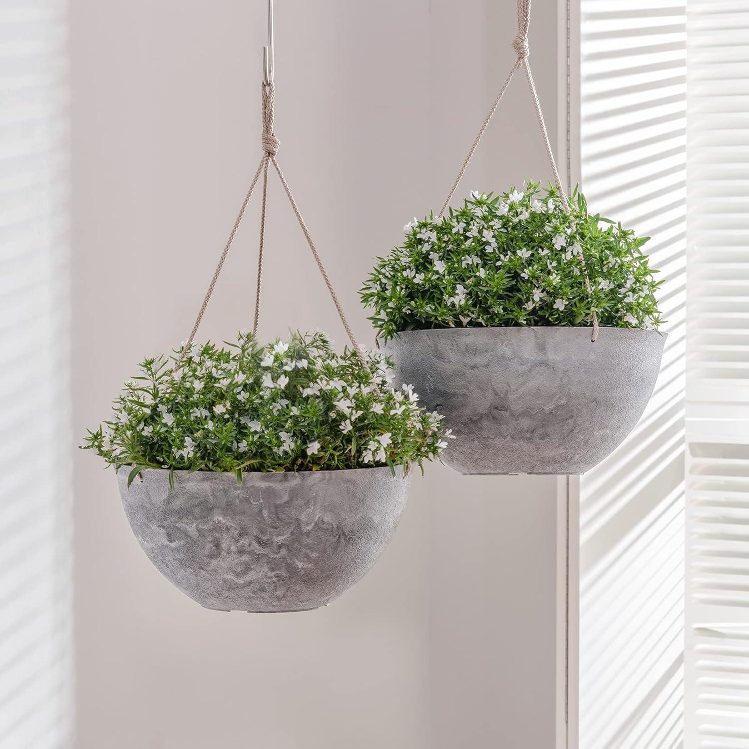 Gray Marble Pattern 10'' Recycled Plastic Hanging Planters with Rope