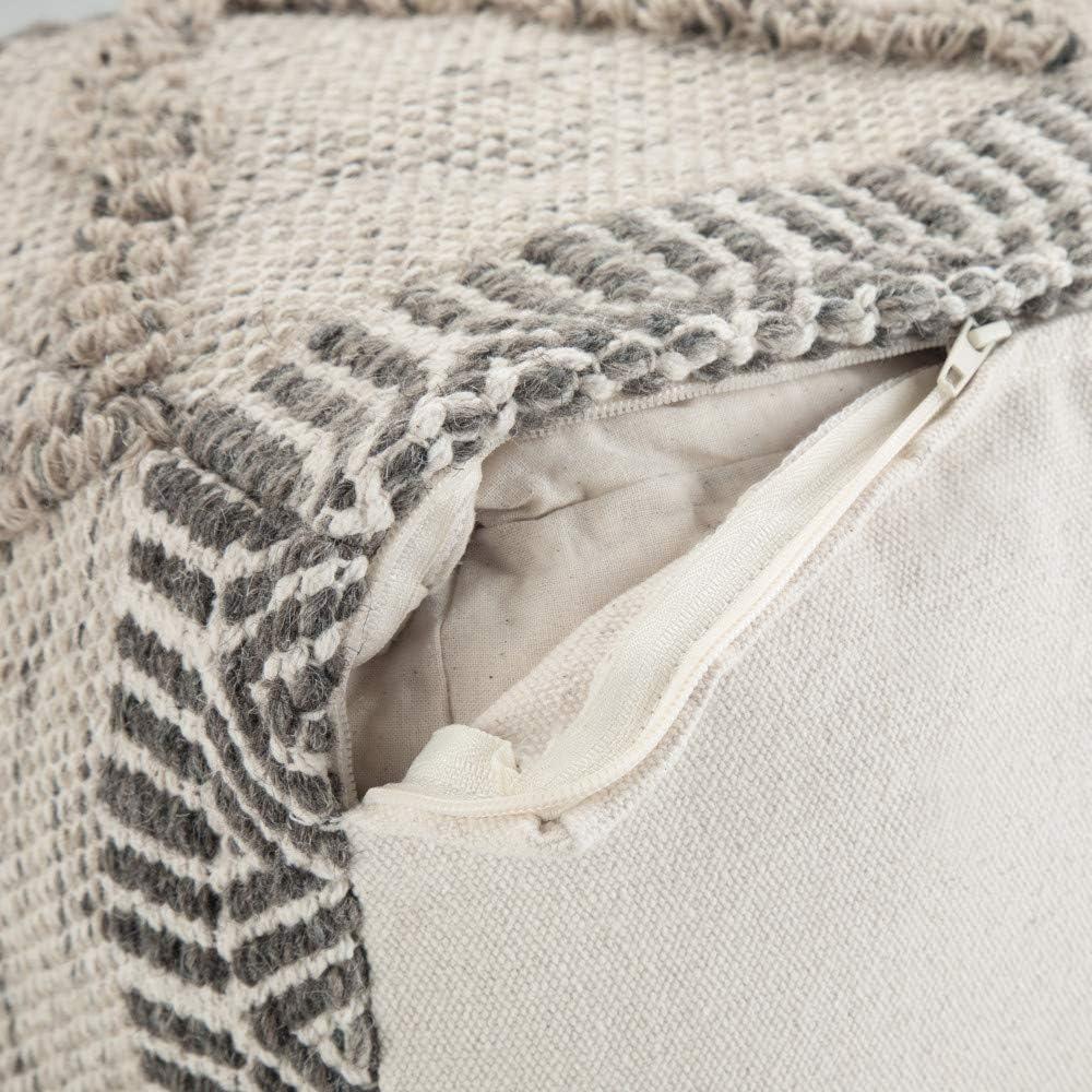 Sweeney Boho Handloom Woven Wool-Cotton Square Pouf in Grey Natural