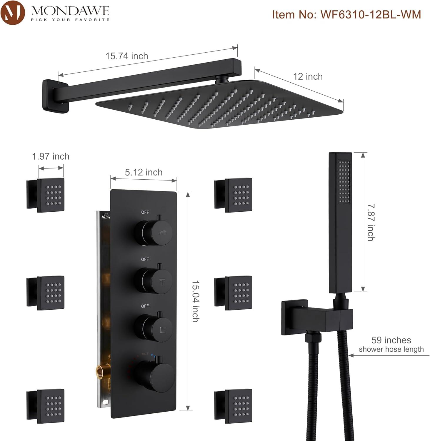 Rainfall Symphony 12inch 3-Function Dual Shower Head Thermostatic Shower System with 3 Sprays Handheld