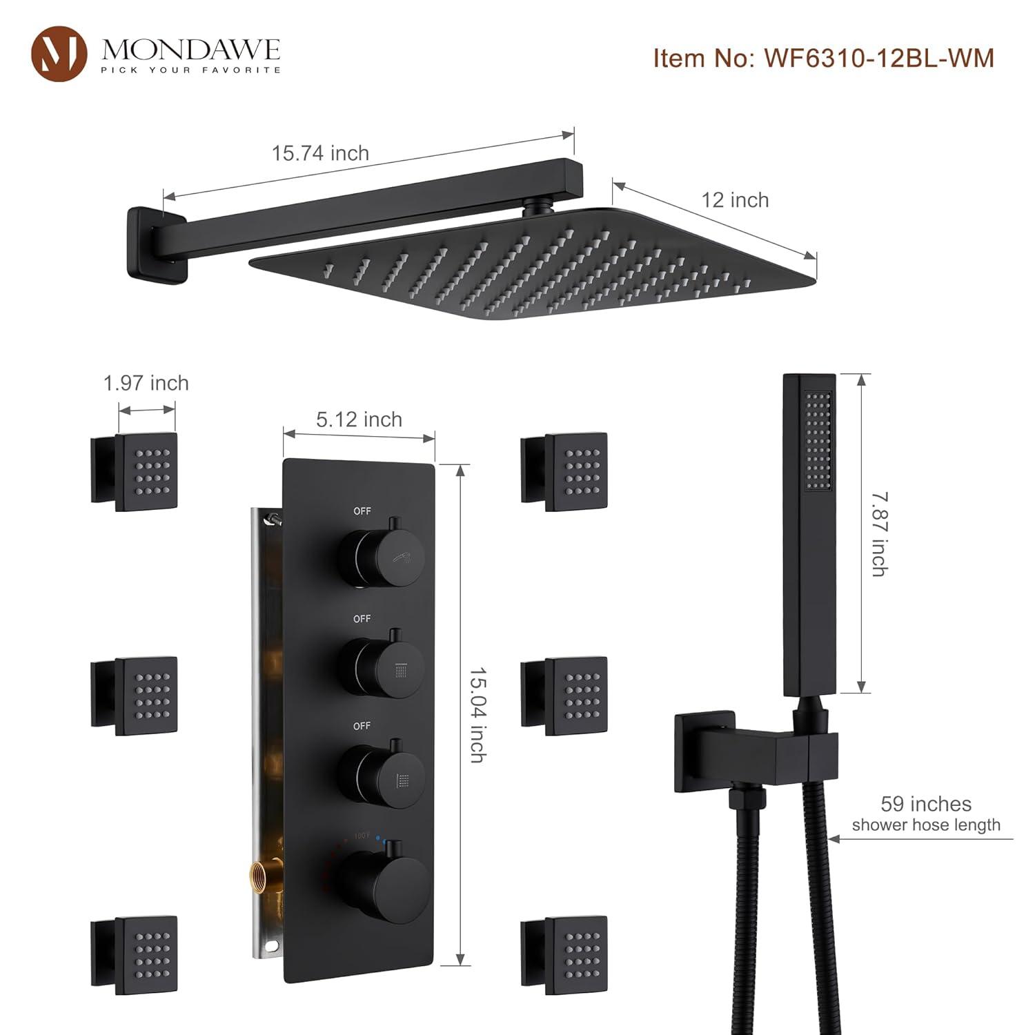 Rainfall Symphony 12inch 3-Function Dual Shower Head Thermostatic Shower System with 3 Sprays Handheld