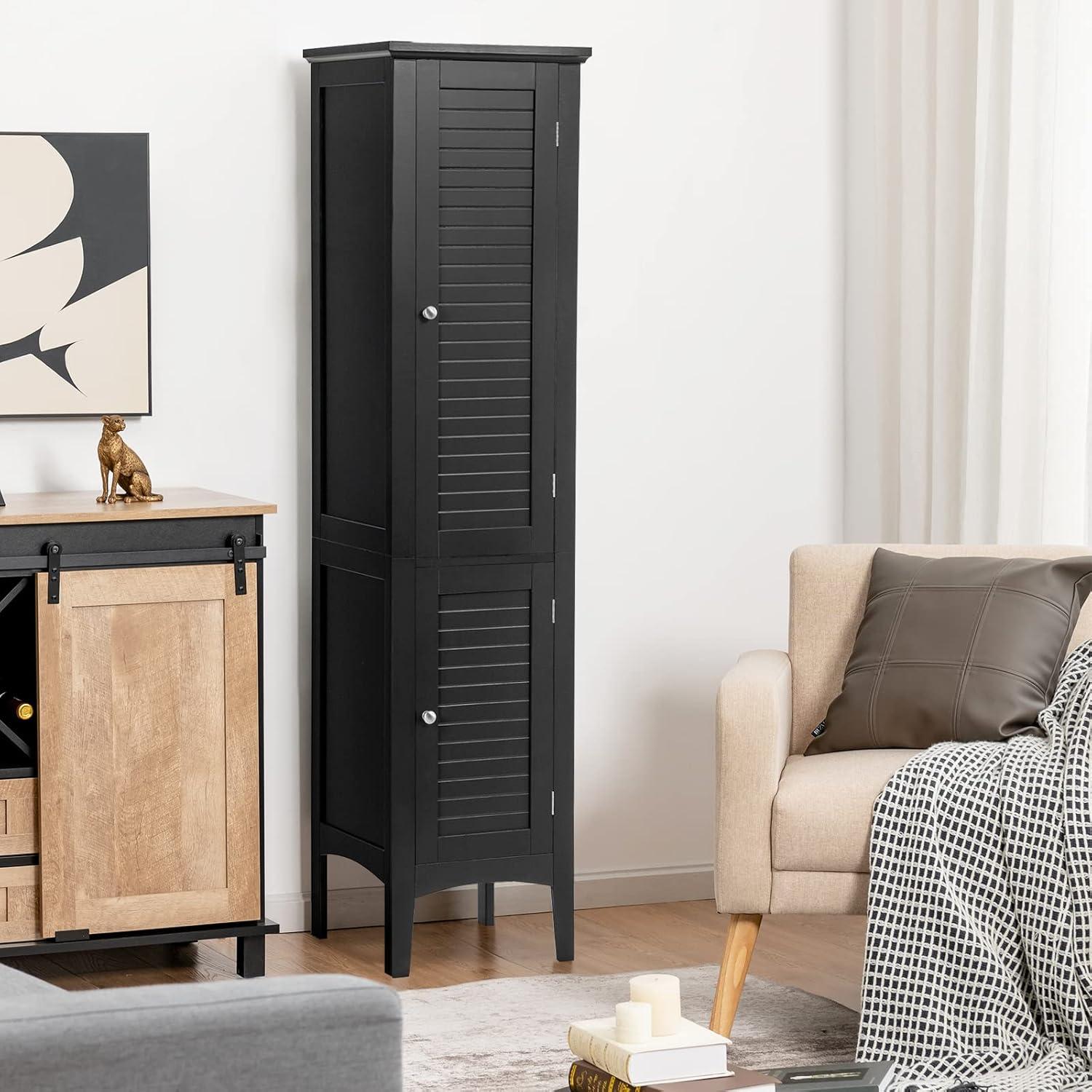 5 Tier Wooden Freestanding Tower Cabinet Tall Bathroom Storage Cabinet Black