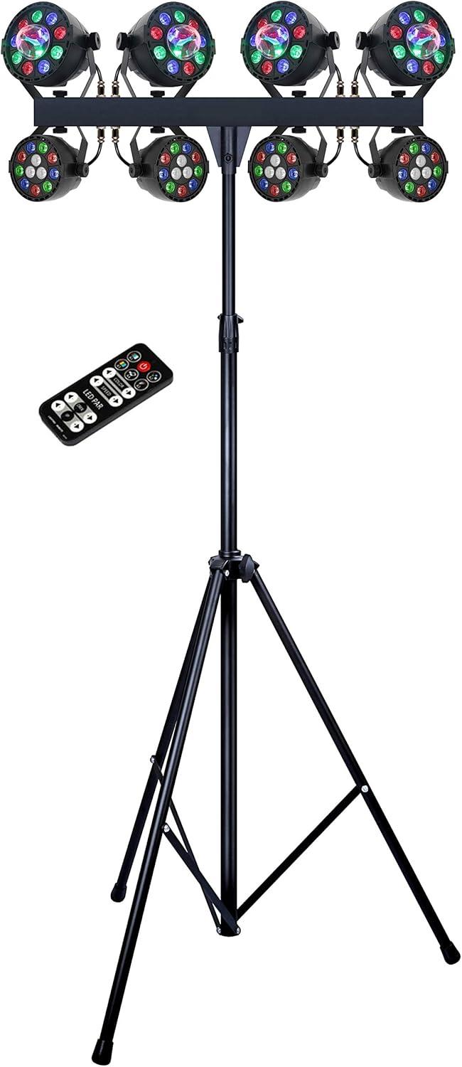 MUSYSIC LED RGB Dj Light with Stand, 8 Par Powerhouse GigBar for Parties, Concerts and Light Shows, DJ Band DMX System, Lighting Package w/Stage Light Stand - MU-L64AG