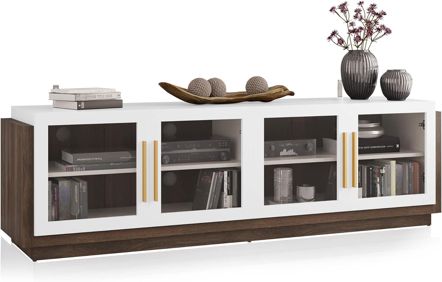 White 70" Modern TV Stand with Glass Cabinets