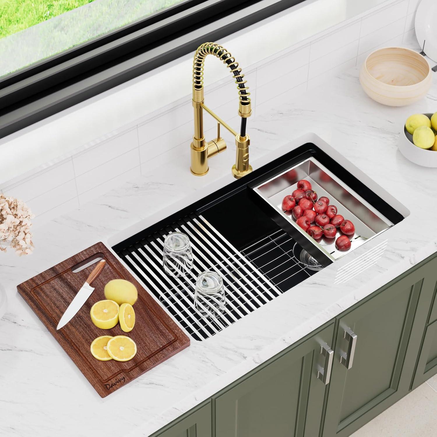 Davivy 33 Inch Black Granite Composite Kitchen Sink Workstation, 33 X 22 Quartz Composite Dual Mount Sink, Matte Black Composite Single Bowl Sink