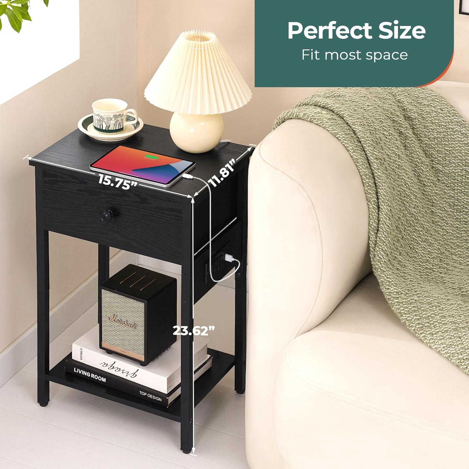 Nightstand End Table with Charging Station, USB Ports, Drawer and Storage Shelf, Black